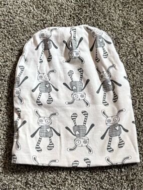 Kids Cotton Beanie Hat with Grey Bunny Print - White/Grey